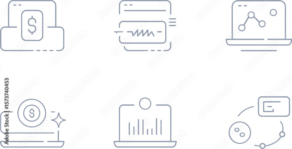 Poster illustration of six different laptop icons displaying various data visualizations