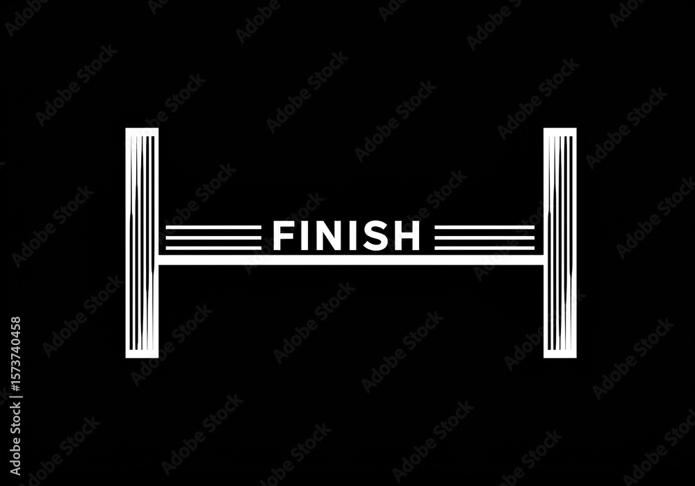 Poster a minimalist white finish line graphic on a black background with parallel lines and bold text
