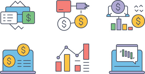 Illustration of financial charts and diagrams with dollar signs and graphs icons