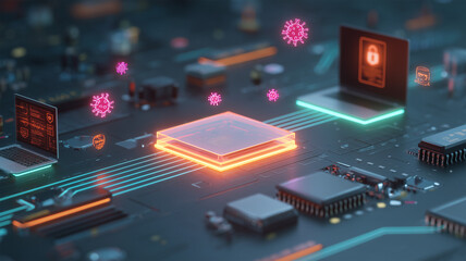 盾が半導体チップを守る光るネオン都市背景