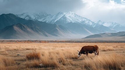 Brown and white cow grazing in dry grass field with snow capped mountains in background