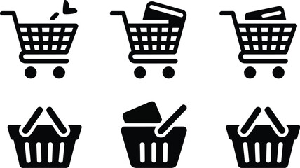 Illustration of shopping carts and baskets in black and white vector format