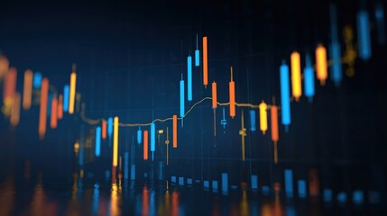 Candlestick chart on blue background showing bullish financial trend