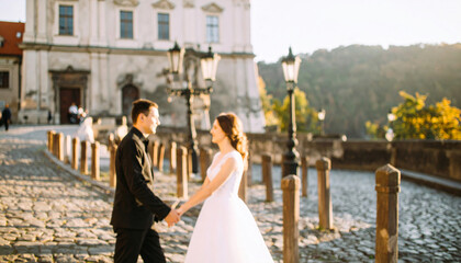 Naklejka premium Portrait the groom and the bride walking back near old building, old house outside, outdoor. Newlyweds are walking along the streets of the city of Lviv. Wedding walks.