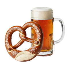 A delicious salted pretzel next to a cold beer mug, perfect for german celebrations and traditional food and drink themes.
