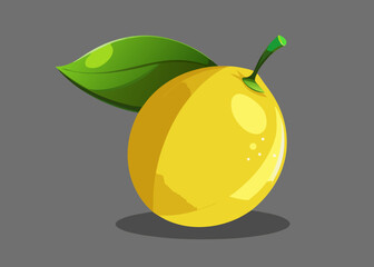 Bright yellow lemon with green leaf and stem on a grey background