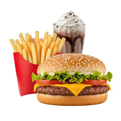 Delicious fast food combo featuring a juicy cheeseburger, crispy golden fries in a red carton, and a rich chocolate milkshake with whipped cream.