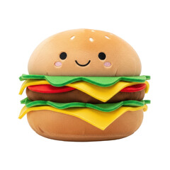 An adorable plush hamburger toy featuring a cheerful smiling face, soft fabric, and colorful layers of cheese, lettuce, and tomato, perfect for children or food themed designs.