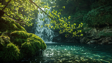 Naklejka premium Waterfall with clear water in a green forest