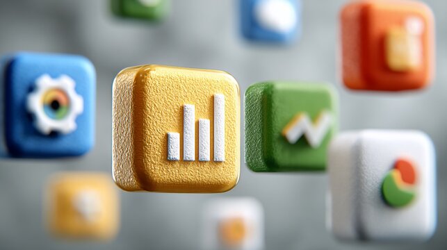 3D render of colorful rounded square icons floating in a blurry gradient background