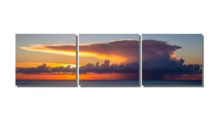 Vibrant sunset over ocean displayed as triptych capturing vivid colors and cloud formations