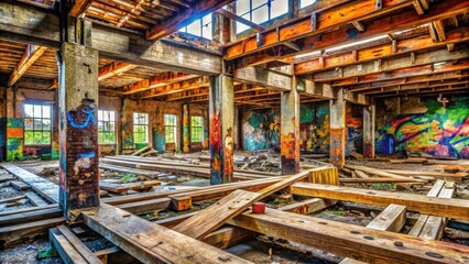 Fototapeta premium Decaying wooden beams with vibrant graffiti and scattered debris in an abandoned structure