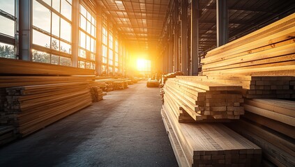 Warmly Lit Timber Storage Featuring High Stacks of Wood in Warehouse with Sunlight Streaming Through Windows
