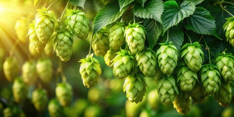 Fototapeta premium Dense cluster of green hop cones nestled among leafy branches