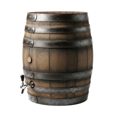 A classic wooden barrel featuring sturdy metal bands and a built in dispenser tap, ideal for serving beer, wine, or other beverages at gatherings and events.
