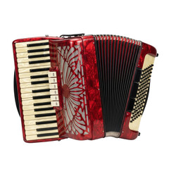 A vibrant red accordion featuring a piano keyboard, bass buttons, and expandable bellows. This classic musical instrument is perfect for folk, polka, or classical music themes.