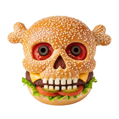A unique halloween burger featuring a sesame seed bun shaped like a skull and crossbones, complete with red eyes and white teeth, filled with a patty, cheese, lettuce, tomatoes, and pickles.