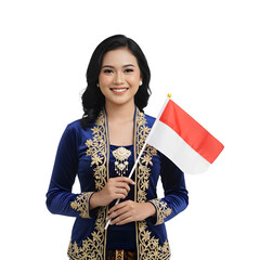 Confident Young Indonesian Woman in Modern Kebaya Holding Red and White Flag on Transparent Background
