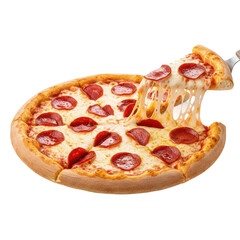 Pepperoni pizza with a slice being lifted. The melted cheese stretches and drips from the slice.