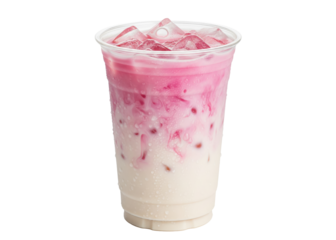 iced pink tea latte with a milk swirl in a takeaway cup