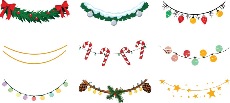 Nine Watercolor Christmas Garland Designs Isolated on White Backgrounds P N G Transparent Cutout Clipping Path Full H D Image Set Bundle Stock Pictures New Latest Download 2025 2026