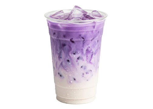 iced purple ube taro latte with a milk swirl in a takeaway cup