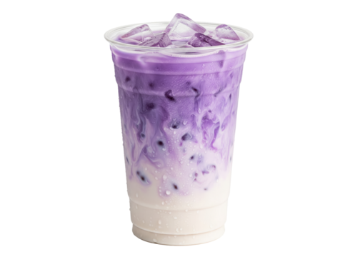 iced purple ube taro latte with a milk swirl in a takeaway cup