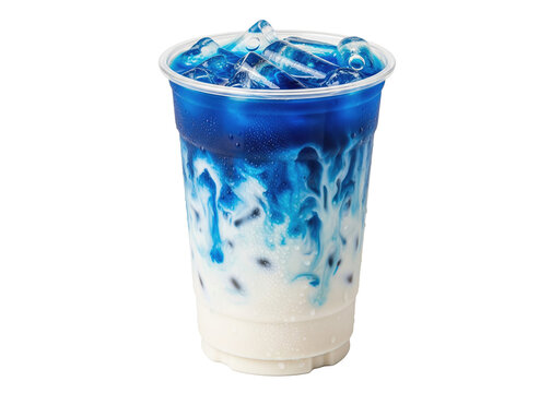 iced blue butterfly pea flower tea latte with a milk swirl