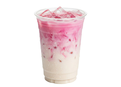 iced pink tea latte with a milk swirl in a takeaway cup