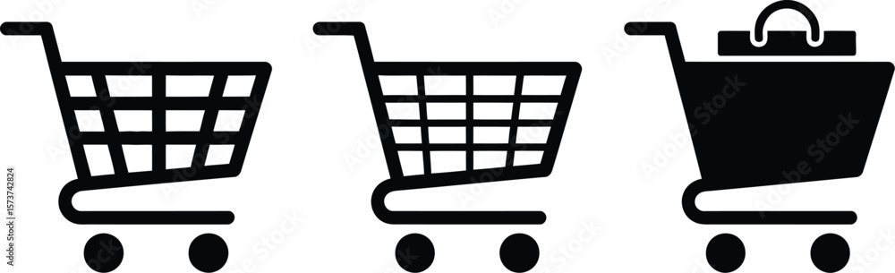 Poster three shopping cart icons in black and white showing empty and full shopping cart