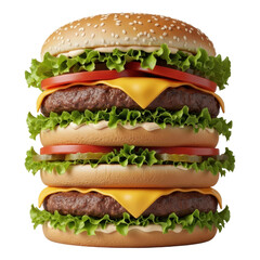 A tall, triple stacked cheeseburger with lettuce, tomato, pickles, cheese and sauce. Great for menus or food related designs.