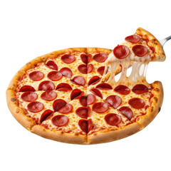 A mouthwatering pepperoni pizza with a slice being lifted, revealing strings of melted cheese. Perfect for food advertisements or restaurant menus.