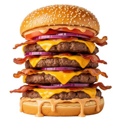 A towering triple cheeseburger with bacon, onion, and tomato. Perfect for food photography and menu design.