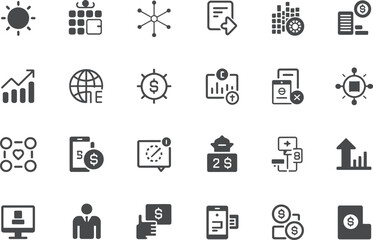 A collection of various business and finance related icons in a monochrome style