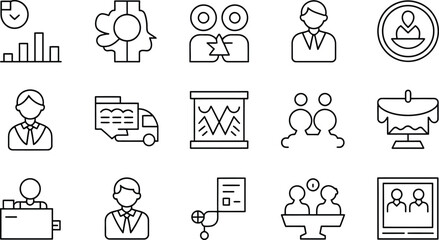 A collection of business and communication themed line icons in a white background