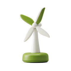 A simple and stylized 3D wind turbine model with white blades and a green base symbolizing clean renewable energy and sustainable power