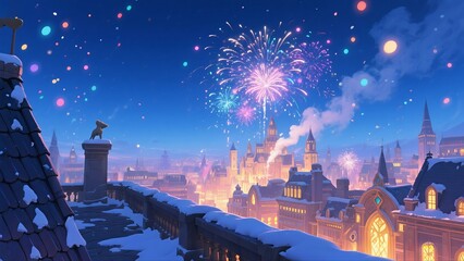 Sky Celebration over the City A rooftop scene overlooking a fantasy city during winter.