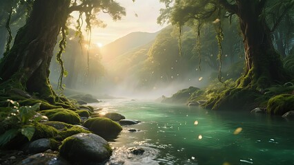 Emerald River Crossing at Dawn A cinematic wide shot of a crystal-clear emerald river flowing through a dense forest.