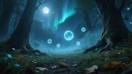 Starlit Glade with Magical Orbs A low-angle night shot inside a glade bathed in moonlight and glowing orbs.