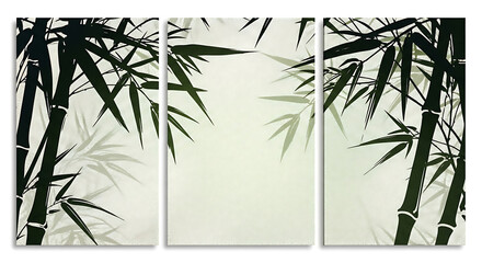 Elegant triptych artwork featuring beautiful bamboo stalks and leaves with neutral background