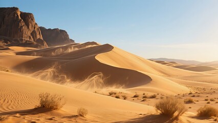 Desert Dunes with Whirling Sand A slow dolly shot moving alongside vast desert dunes under warm golden sunlight.