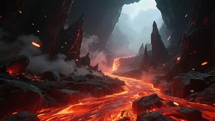 Volcanic Lava Flow in Dark Cavern A tracking shot following molten lava flowing through a cavern.