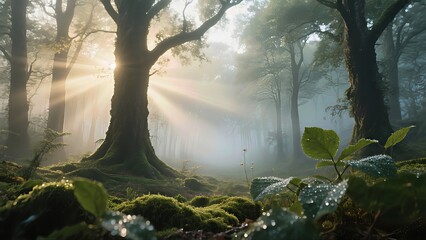 Morning Mist in Enchanted Forest A slow panoramic footage capturing a misty forest at dawn.