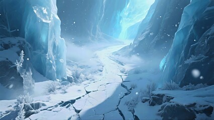 A top-down diagonal shot of a narrow path winding between towering icy cliffs.