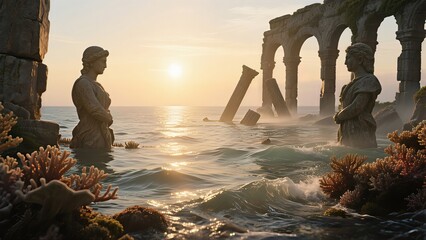 A wide shot of ancient stone ruins submerged in shallow water during golden hour.