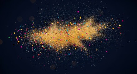 golden glitter and colorful confetti explosion on dark background