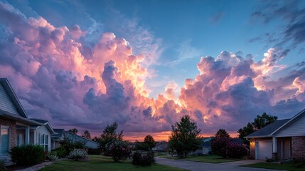 Dramatic sunset over suburban neighborhood