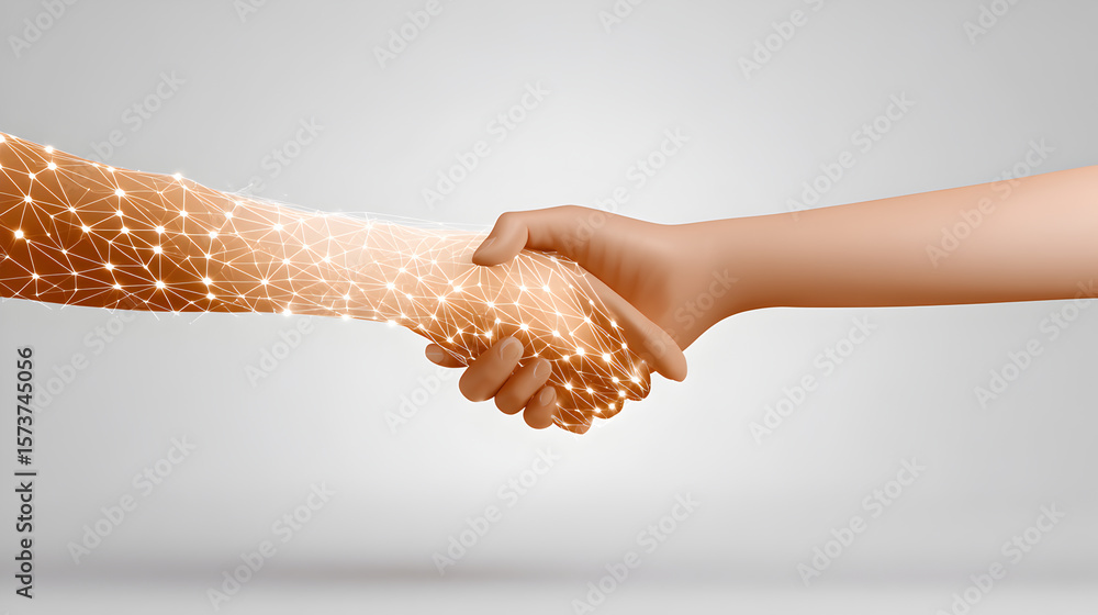 Poster a creative depiction of a handshake, merging human connection with a digital network, symbolizing un