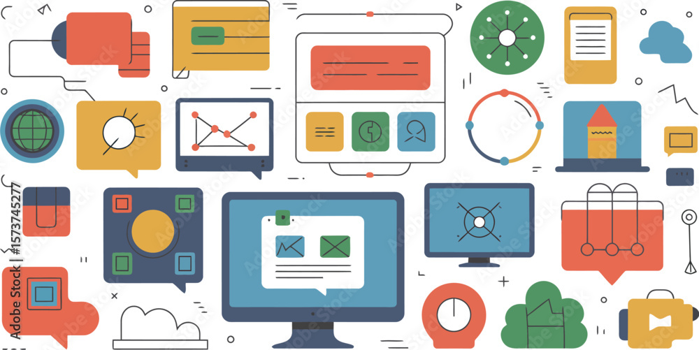 Poster illustration of various application icons and computer screens on a gray background