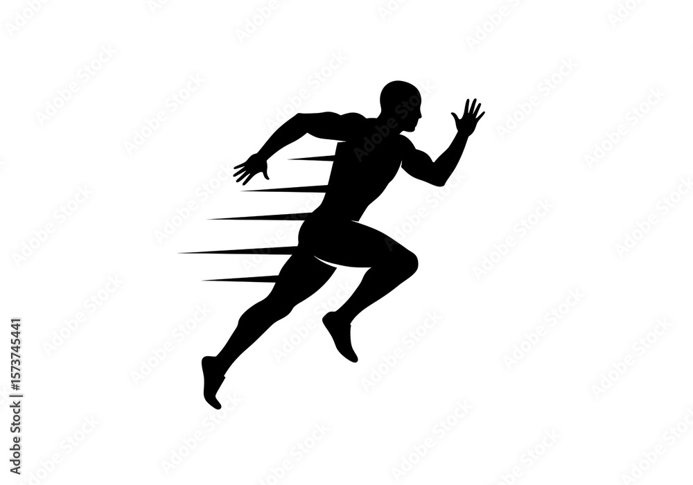 Poster silhouette of a man running fast with motion lines indicating speed on a white background art design